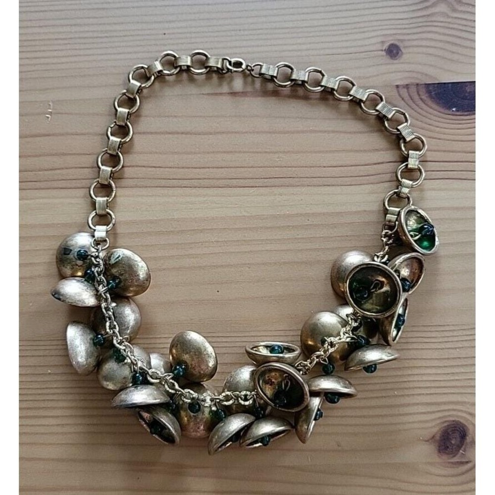 Miriam Haskell Vintage Brass Bells Green Glass Bead Book Chain Necklace 15.5"